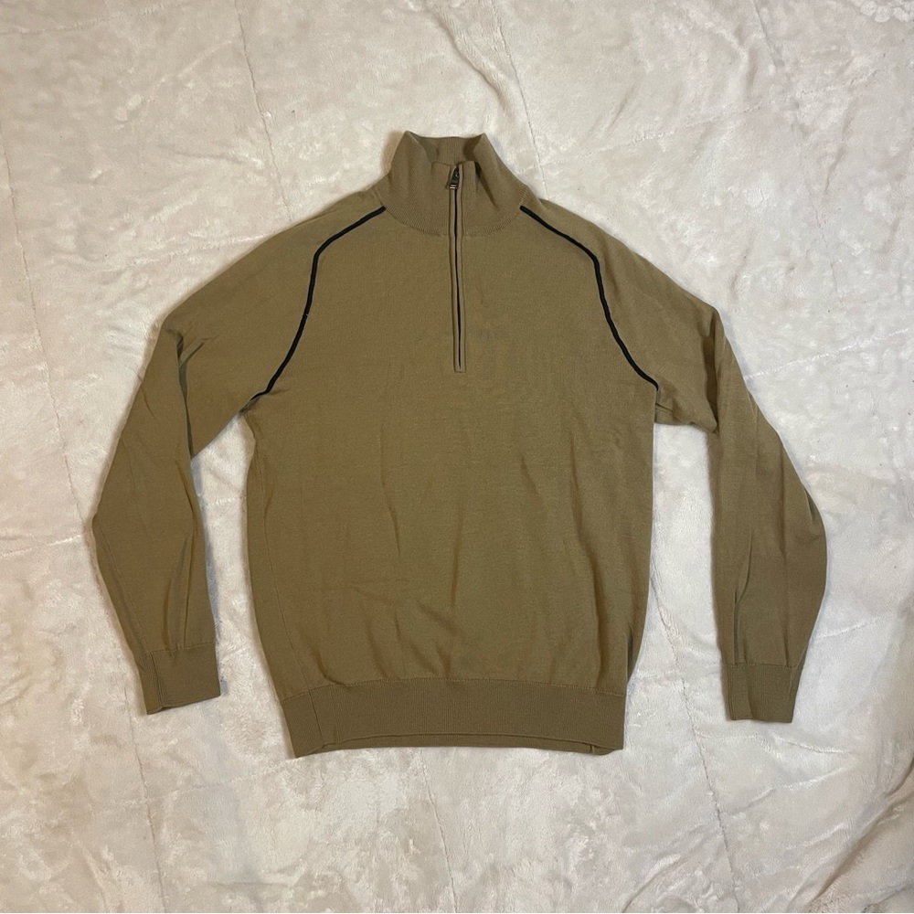 Hugo Boss Khaki Half-Zip 100% Virgin Wool Men’s Large Sweater